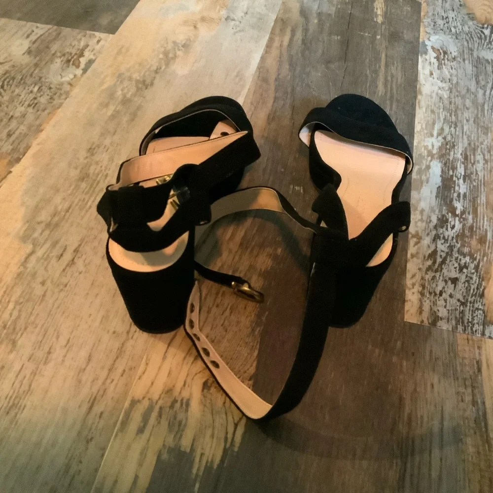 Coach Black Suede Ankle-Strap Block Heel Sandals with Gold Buckle Size 9